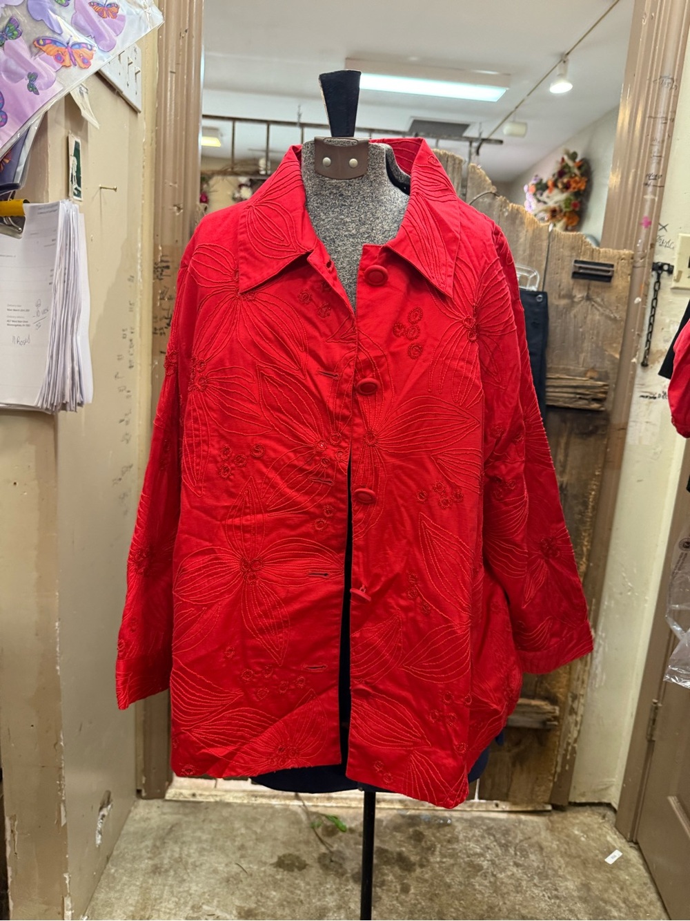 Chico’s Red Embroidered Floral Coat